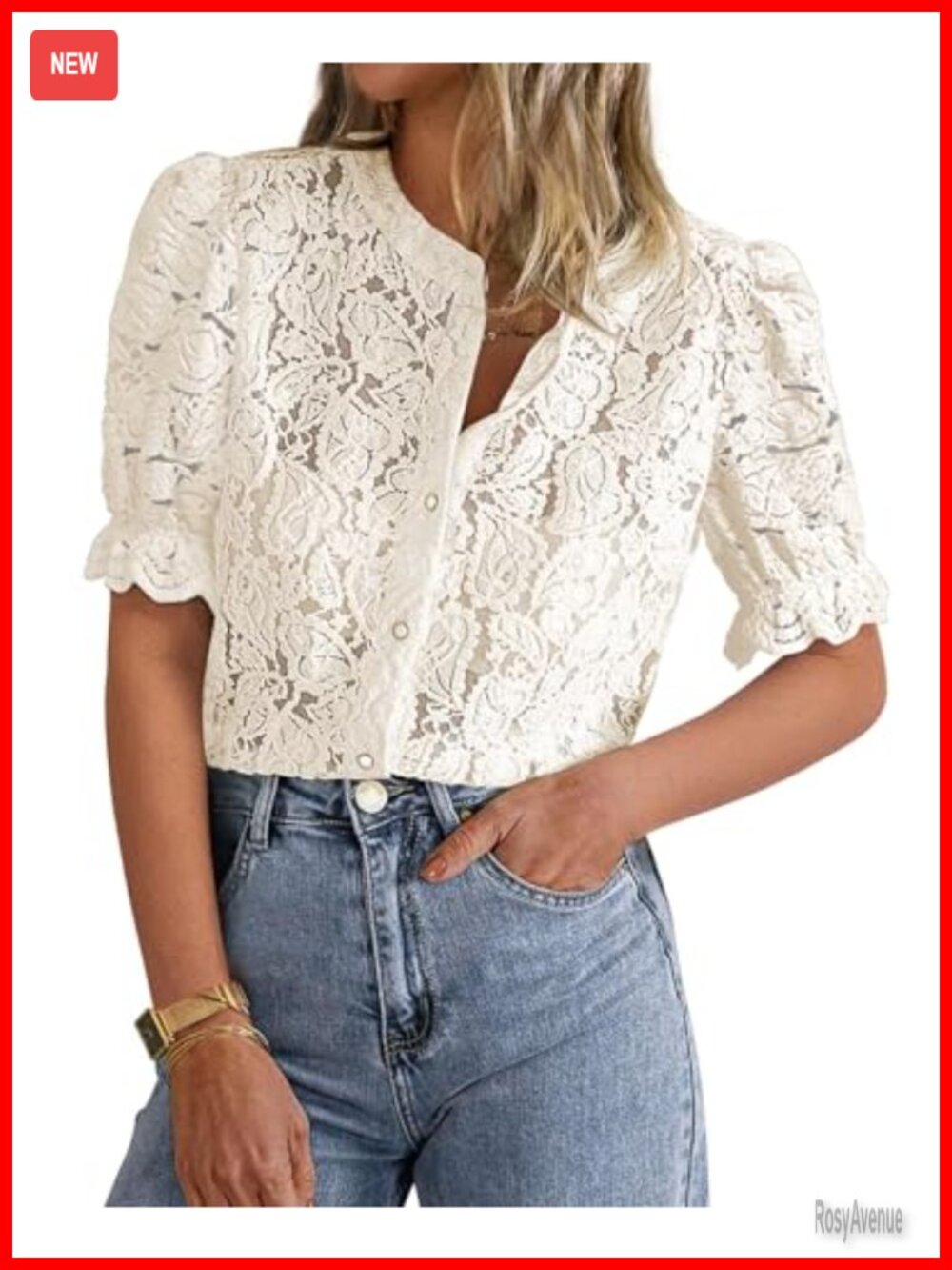 Womens Lace Button Down Puff Sleeve Blouse Sheer Eyelet Top